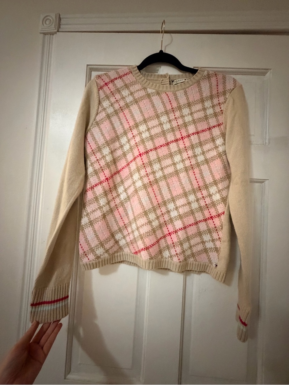Tommy Hilfiger Cream Crewneck Sweater with Pink Plaid